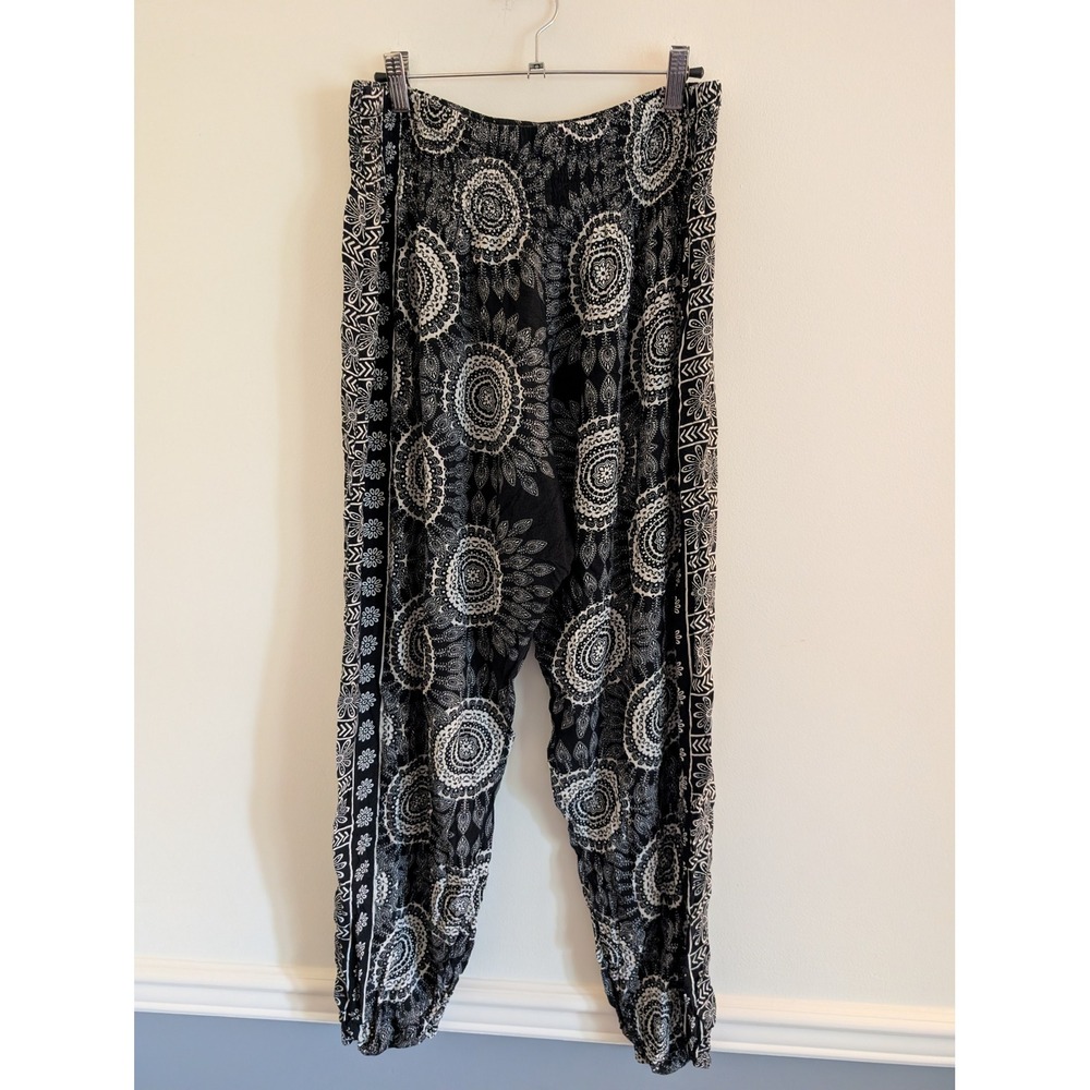 Lotus & Luna Black Mandala Print Harem Pants XL Boho gypsy Ren faire peasant